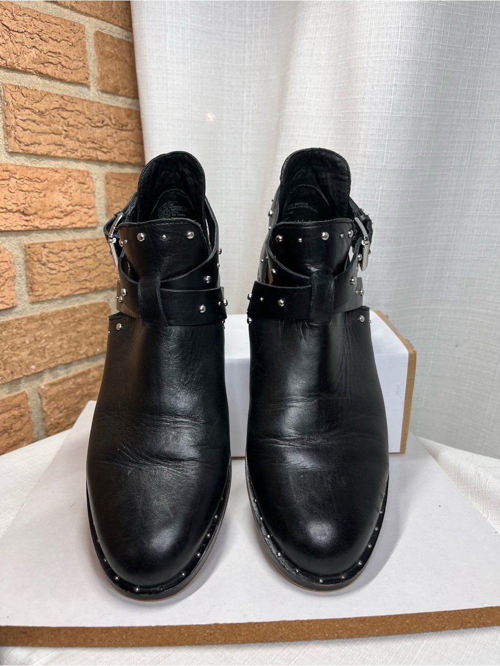 Halogen Studded Leather Ankle Boots Black Moto Western Buckle 8M - Picture 2 of 10